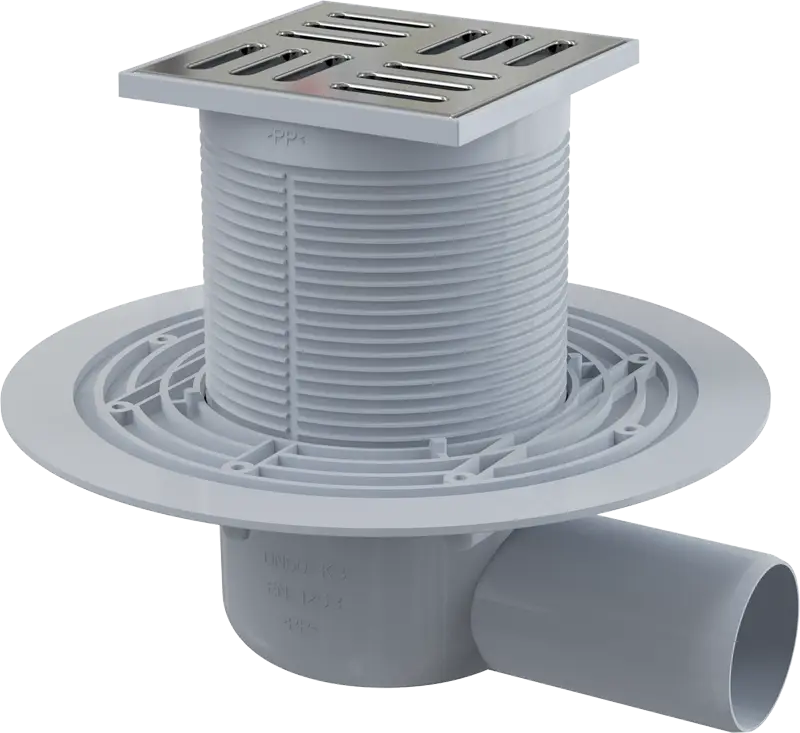 Душевой трап Alcadrain 105х105/50 с боковой подводкой, решетка латунь – хром (APV101)