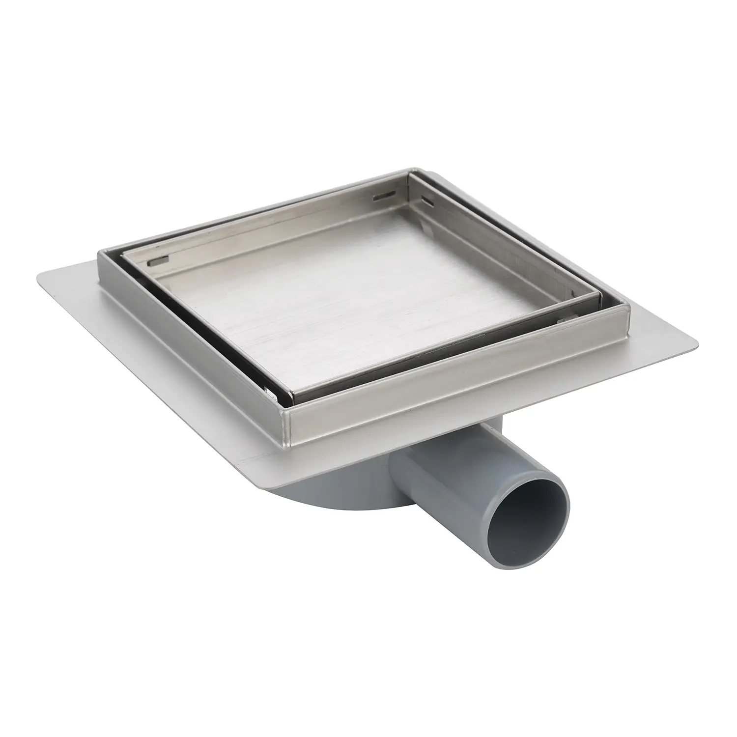 Трап для душа AZARIO 150х150 металлический, поворотный сифон 360°, решетка "под плитку", горизонтальный выпуск (AZZ3TILE150)