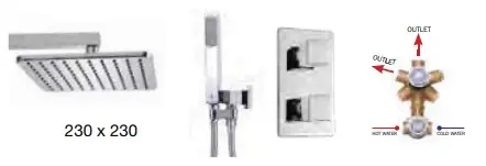 Душевой комплект Bossini COSMO: смеситель на 2 выхода, верхний душ 230x230 мм, ручной душ CUBE с водорозеткой, шланг 150 см, цвет хром (M00757.030)