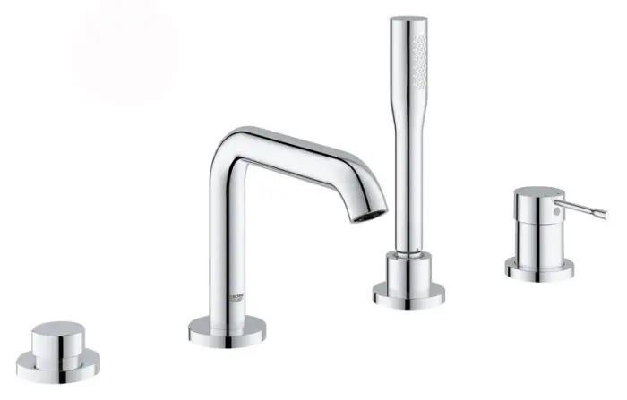 Смеситель для ванны GROHE Essence+ на 4 отверстия с душевым гарнитуром и изливом (на бортик ванны), хром (19578001)