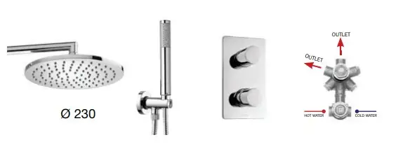 Душевой комплект Bossini COSMO: смеситель на 2 выхода, верхний душ Ø 230 мм, ручной душ ZEN с водорозеткой, шланг 150 см, цвет хром (M00753.030)