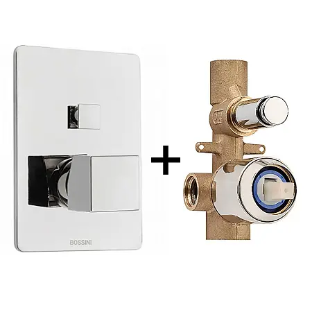 Комплект Bossini CUBE Смеситель для душа, встраиваемый, 2 выхода, внешняя часть, хром + Встраиваемая часть смесителя с девиатором 2 направления (Z00063.030+Z00005) 