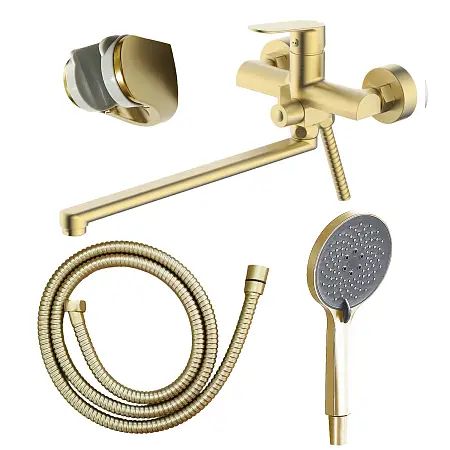 Смеситель для ванны Azario Alanti керамический картридж, длинный излив, с ручным душем, шланг 150 см, золото матовое (AZ-K1732MG)