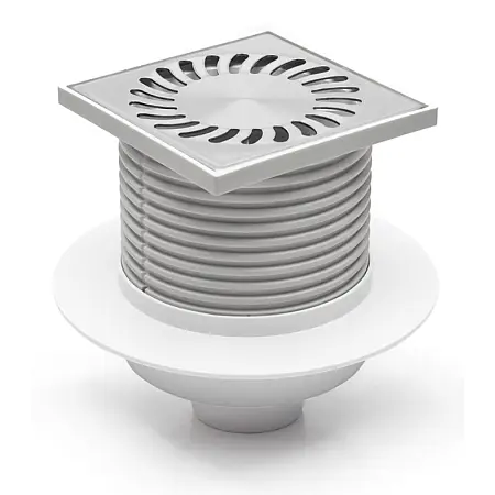 Душевой трап AZARIO DN50 12,2х12,2см, пластиковый, с воротником, вертикальный слив, универсальный, решетка из нержавеющей стали (AZ-420 X L)