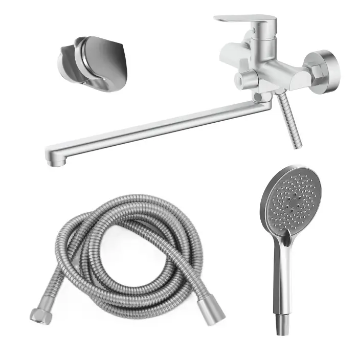 Смеситель для ванны Azario Alanti керамический картридж, длинный излив, с ручным душем, шланг 150 см, сатин (AZ-K1732BN)